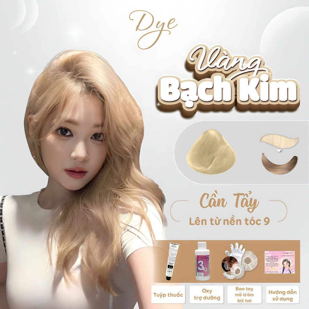 Thuốc nhuộm tóc, thuốc nhuộm tóc VÀNG BẠCH KIM, DYE HAIR, tặng kèm oxy trợ dưỡng và bao tay