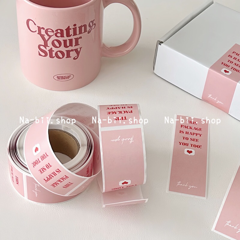 Cuộn 100 miếng tem dán niêm phong thank you màu hồng