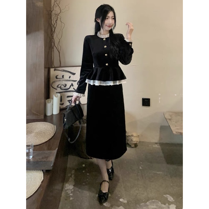 V269 Đầm váy nhung đen dài tay phối voan tiểu thư nhẹ nhàng phong cách Pháp Retro Vintage Taobao mới 2023