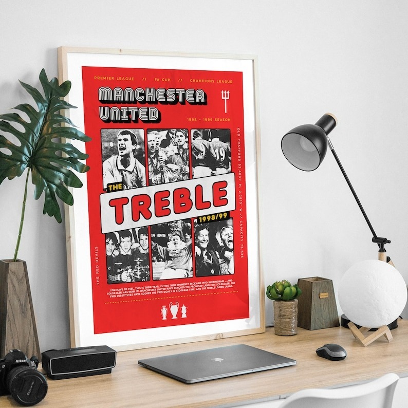 Retro Manchester Utd Treble Winners Trophy Print