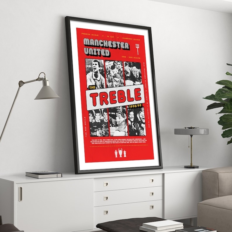 Retro Manchester Utd Treble Winners Trophy Print