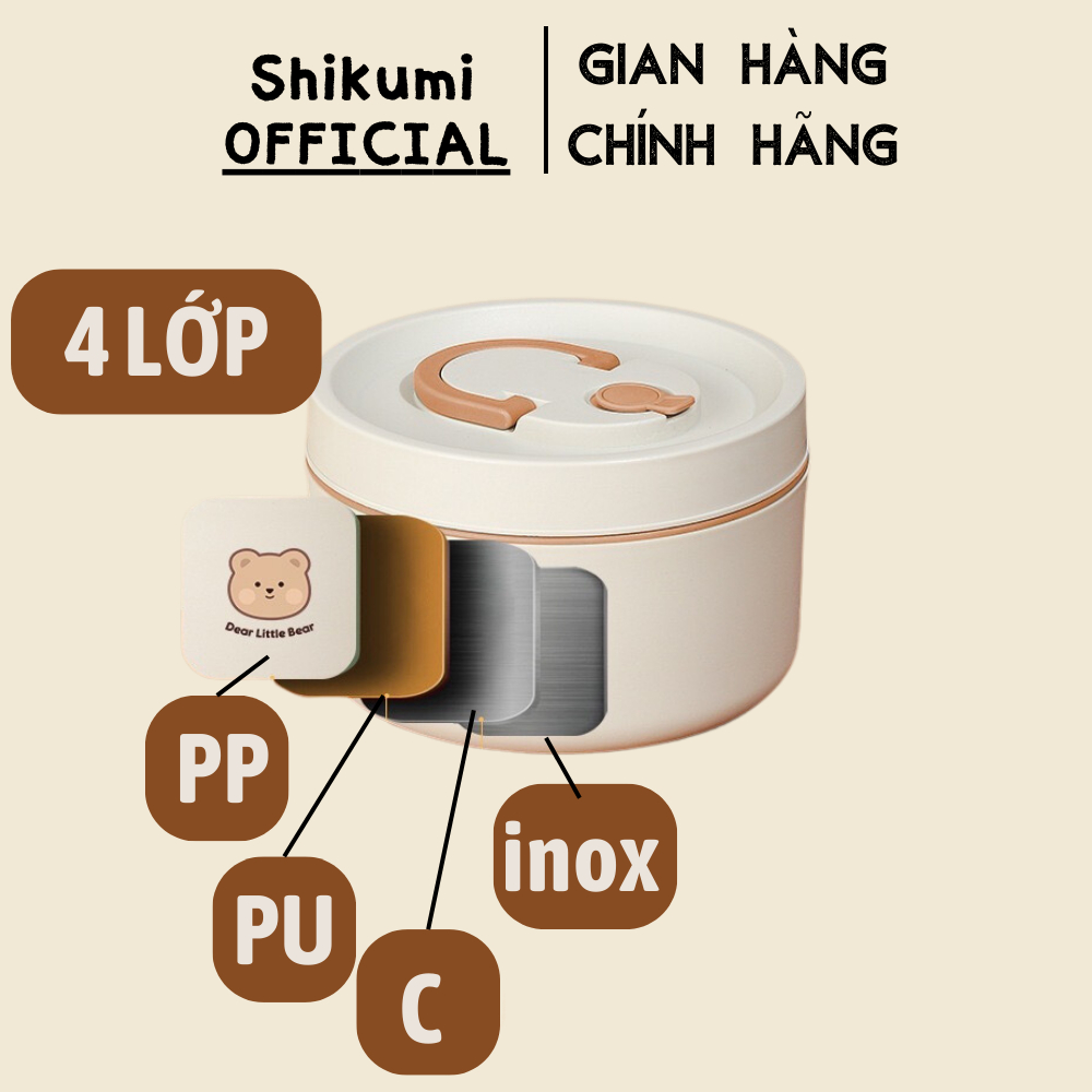 Hộp cơm lúa mạch giữ nhiệt THÉP 304 cao cấp Shikumi chống tràn có thể dùng cho lò vi sóng Dear Bear Trắng