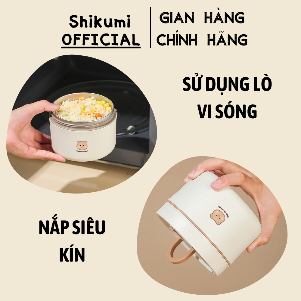 Hộp cơm lúa mạch giữ nhiệt THÉP 304 cao cấp Shikumi chống tràn có thể dùng cho lò vi sóng Dear Bear Trắng