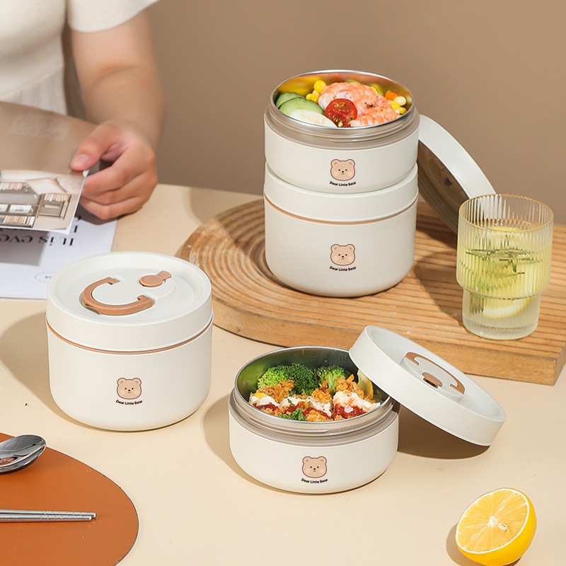 Hộp cơm lúa mạch giữ nhiệt THÉP 304 cao cấp Shikumi chống tràn có thể dùng cho lò vi sóng Dear Bear Trắng