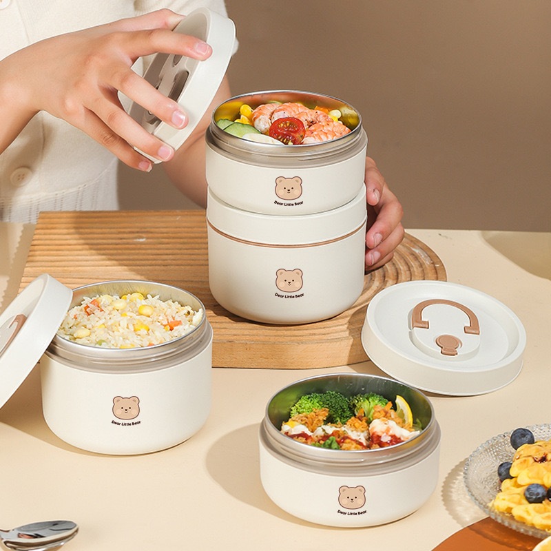 Hộp cơm lúa mạch giữ nhiệt THÉP 304 cao cấp Shikumi chống tràn có thể dùng cho lò vi sóng Dear Bear Trắng