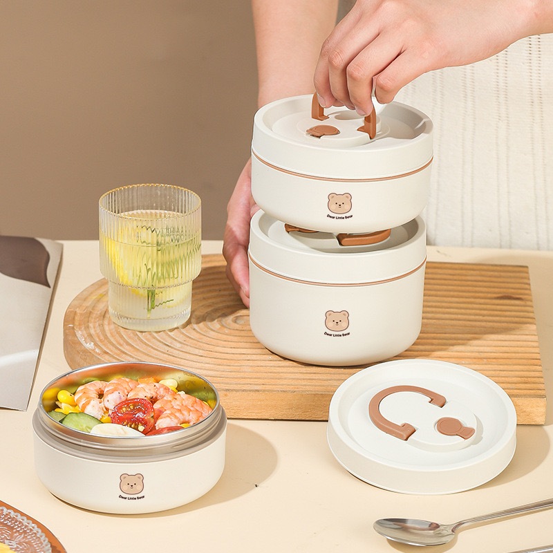 Hộp cơm lúa mạch giữ nhiệt THÉP 304 cao cấp Shikumi chống tràn có thể dùng cho lò vi sóng Dear Bear Trắng
