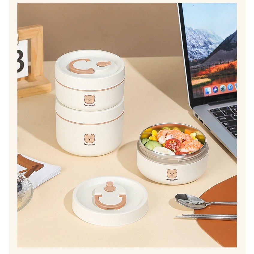 Hộp cơm lúa mạch giữ nhiệt THÉP 304 cao cấp Shikumi chống tràn có thể dùng cho lò vi sóng Dear Bear Trắng