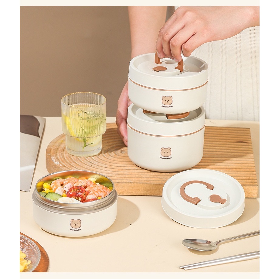 Hộp cơm lúa mạch giữ nhiệt THÉP 304 cao cấp Shikumi chống tràn có thể dùng cho lò vi sóng Dear Bear Trắng