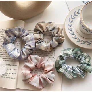 Dây cột tóc scrunchies họa tiết caro màu sắc pastel bản to dày dặn