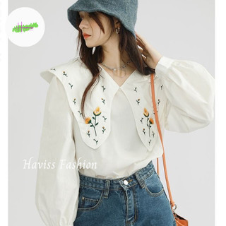 Áo sơ mi nữ dài tay Haviss cổ áo thêu hoa vintage cách điệu thiết kế tay áo phồng tiểu thư thời trang Hàn Quốc