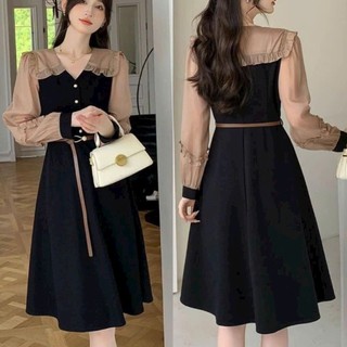 Đầm xòe phối màu cổ sen tay dài