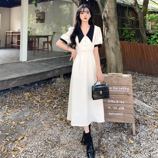 Đầm váy vintage trắng xoè phối cổ đen (kèm hình thật)