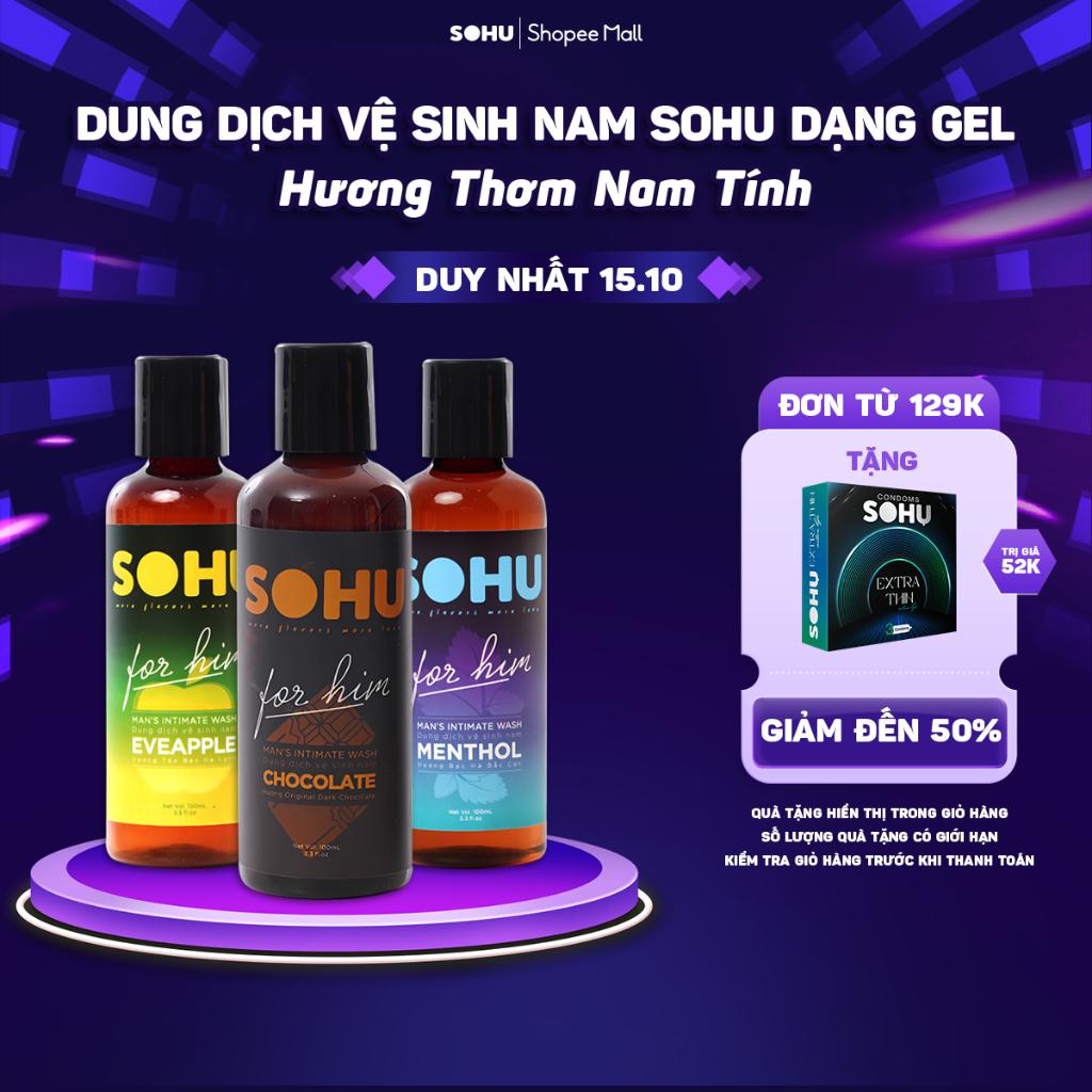 Dung dịch vệ sinh nam SOHU bạc hà bắc cực, chocolate, táo bạc hà the mát khử mùi tự nhiên lành tính chai 100ml