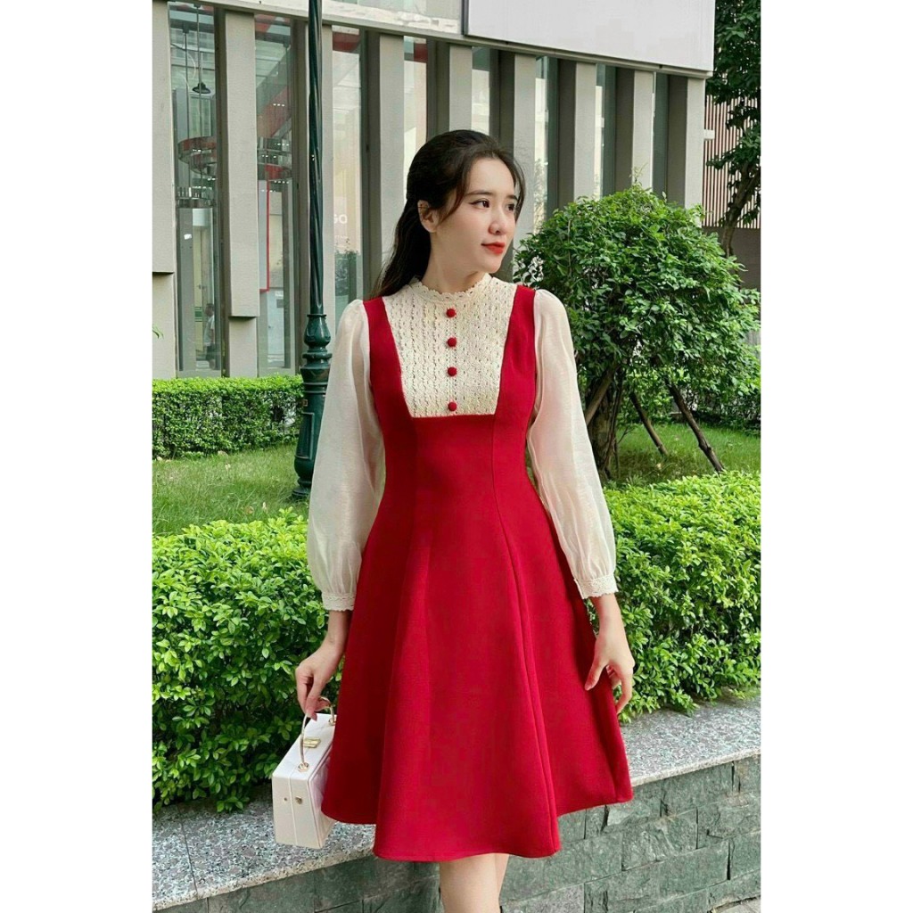 Váy xòe phối ren ngực tay voan V189