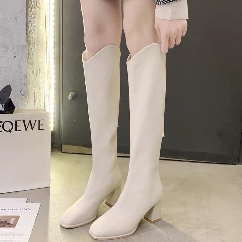 Bốt nữ-boot đùi cổ V  đế nâng chiều cao chất mềm siêu đẹp, Giày boot đùi Full box siêu xinh
