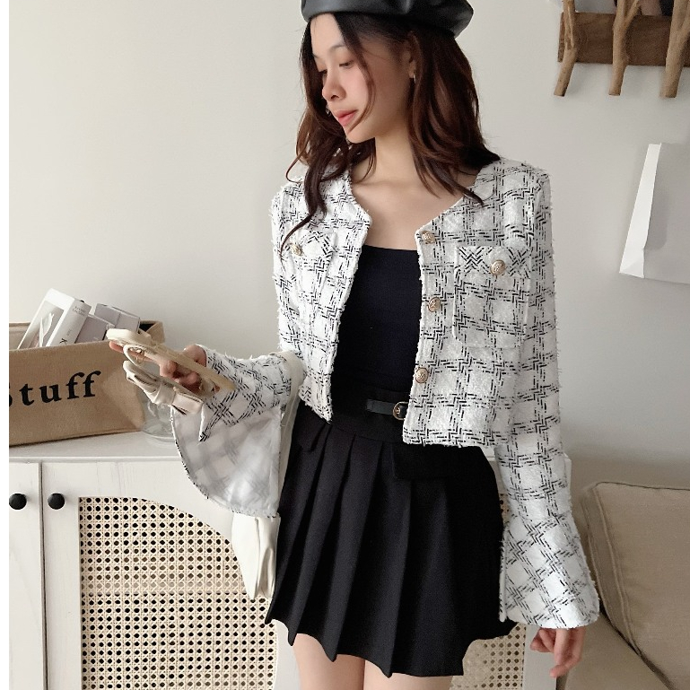 Áo dạ Tweed 2 lớp dáng ngắn tay loe điệu đà tiểu thư phong cách Hàn Quốc