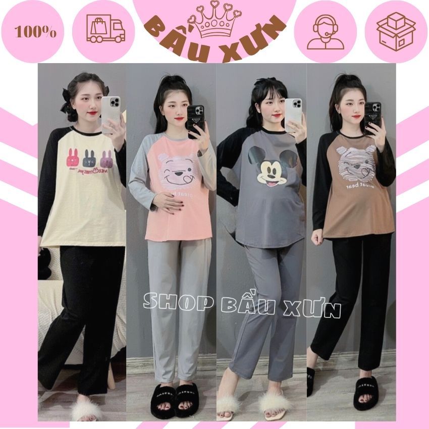BỘ BẦU THU ĐÔNG DÀI TAY CHẤT COTTON M279 IN HÌNH MICKEY XINH XẮN- BỘ BẦU MẶC NHÀ CHẤT CO DÃN LOẠI ĐẸP