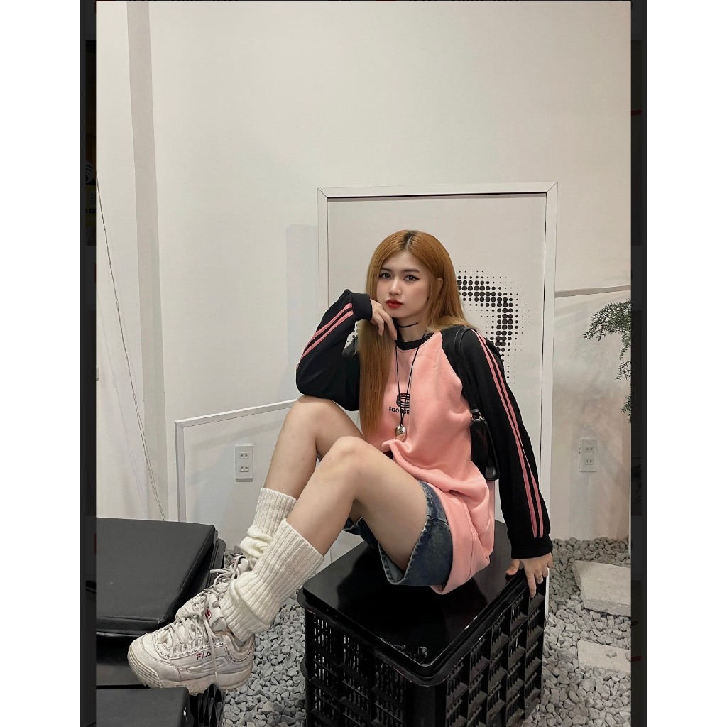 Áo Sweater hồng tay sọc , Áo nỉ Fom rộng dáng Unisex chất liệu nỉ bông tay áo 3 sọc cao cấp M56