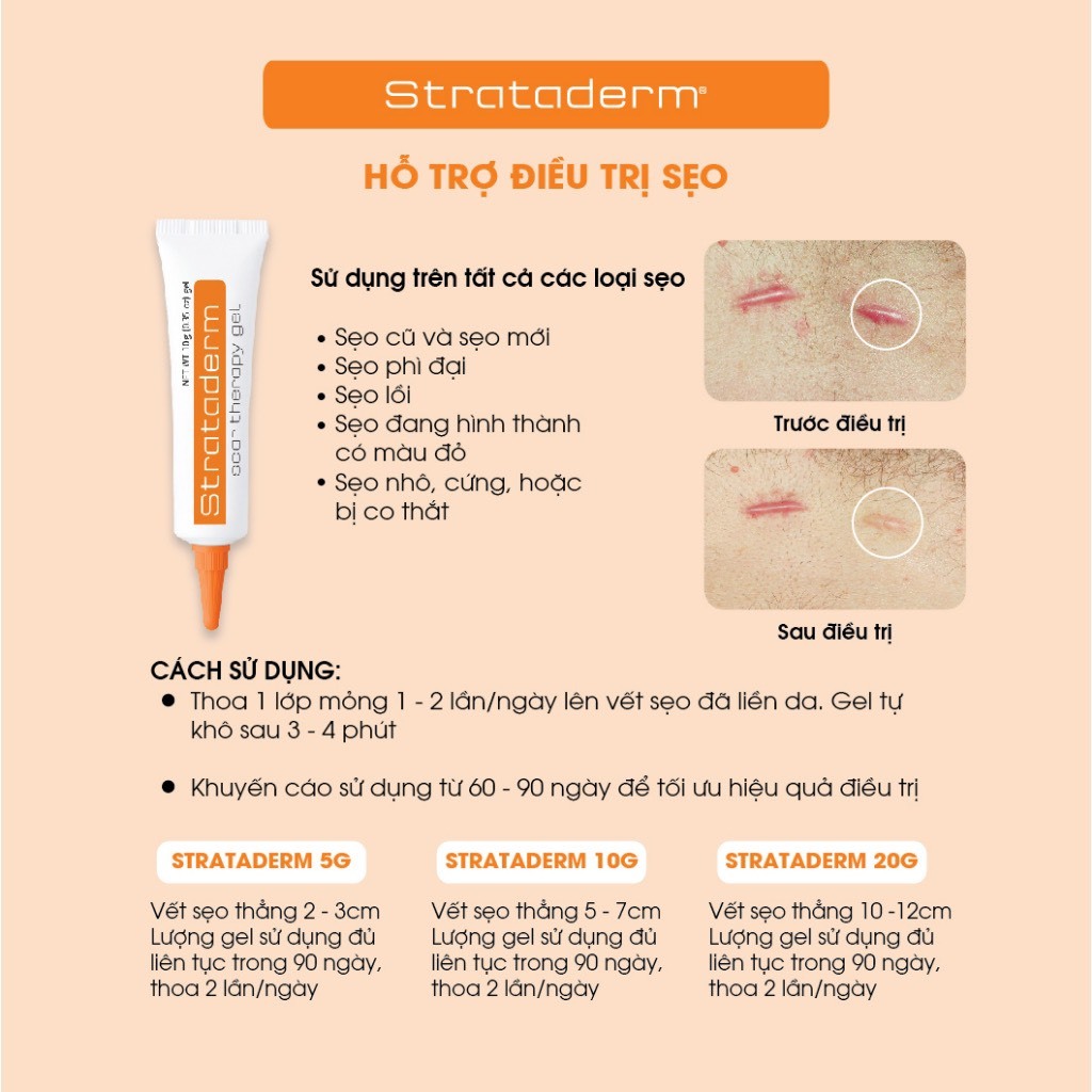 Gel ngăn ngừa và xoá sẹo lồi, sẹo lõm, sẹo thâm Strataderm 5g Thuỵ Sĩ