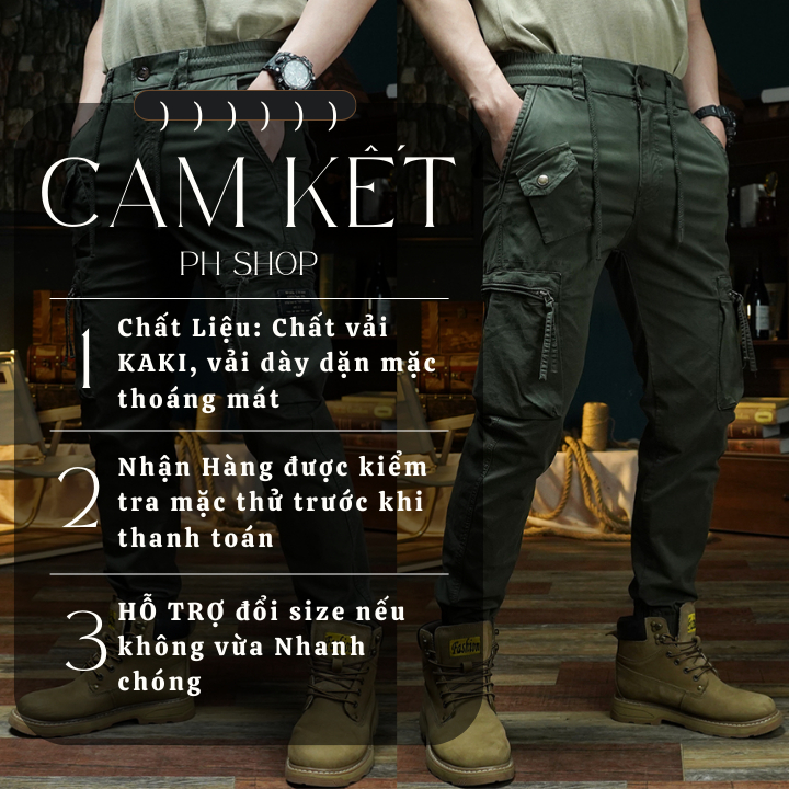 Quần Jogger kaki nam PHSHOP204 túi hộp túi đóng phối khuy sang chảnh có dây rút, bo gấu tôn dáng, túi bé cá tính