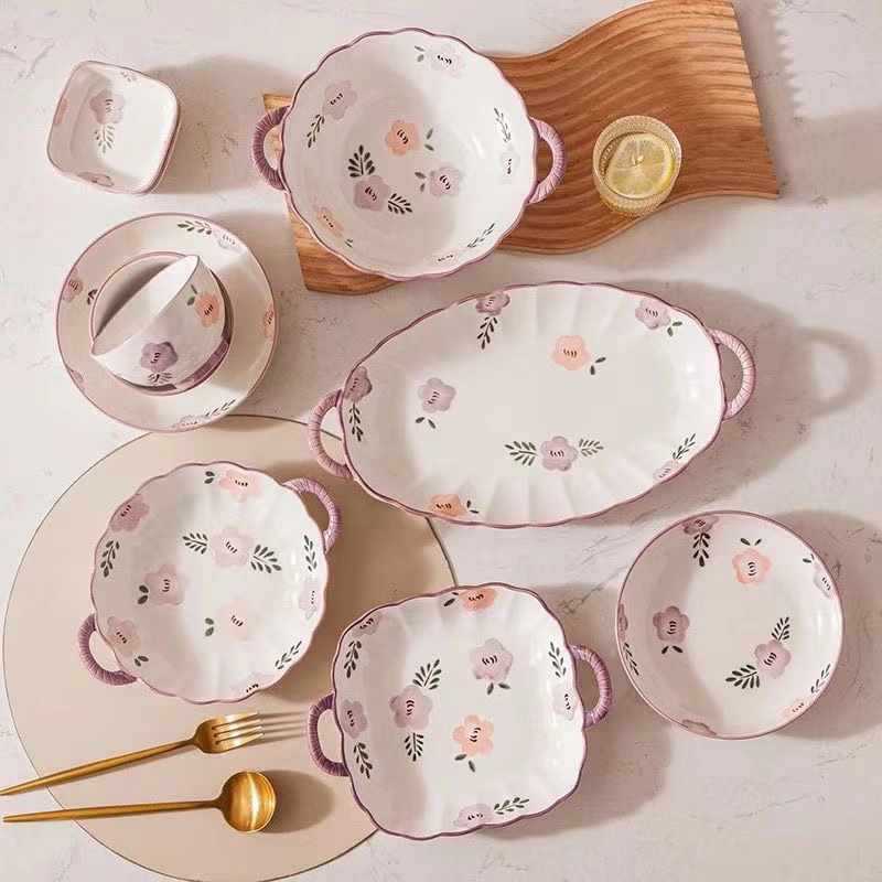 Bộ Bát Đĩa Sứ Cao Cấp Hoa Hồng Tím Nhẹ Nhàng Men Sáng Bóng GoSuMi HH01