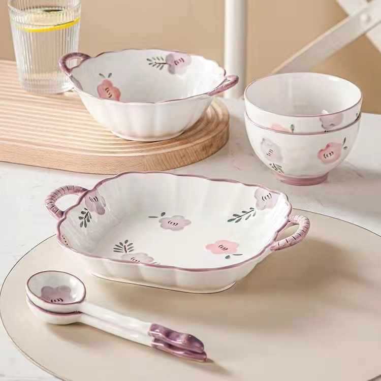 Bộ Bát Đĩa Sứ Cao Cấp Hoa Hồng Tím Nhẹ Nhàng Men Sáng Bóng GoSuMi HH01