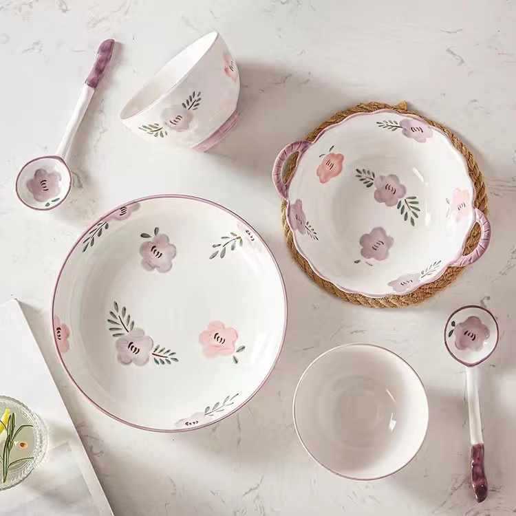 Bộ Bát Đĩa Sứ Cao Cấp Hoa Hồng Tím Nhẹ Nhàng Men Sáng Bóng GoSuMi HH01