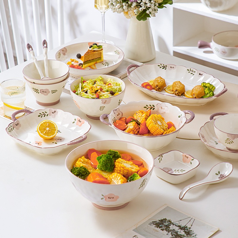 Bộ Bát Đĩa Sứ Cao Cấp Hoa Hồng Tím Nhẹ Nhàng Men Sáng Bóng GoSuMi HH01
