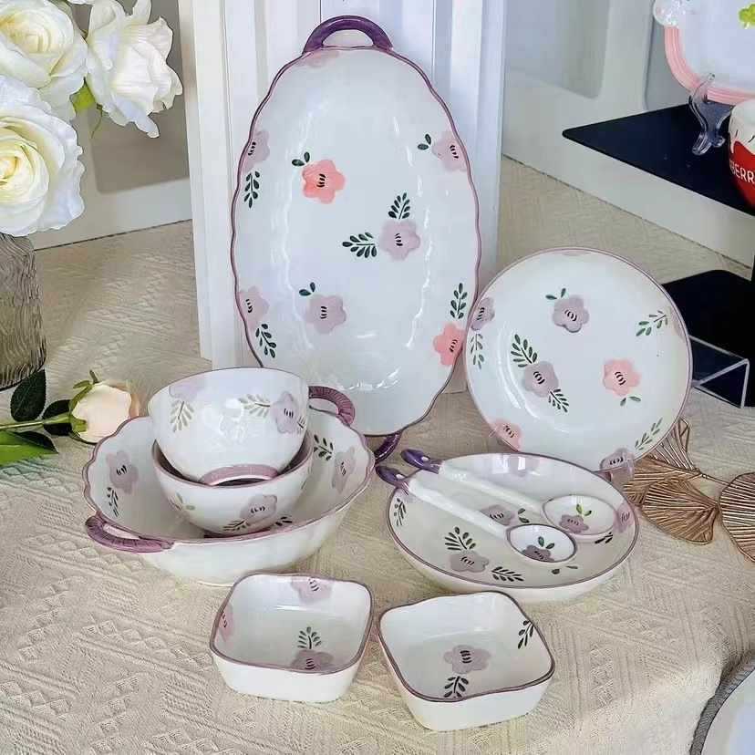 Bộ Bát Đĩa Sứ Cao Cấp Hoa Hồng Tím Nhẹ Nhàng Men Sáng Bóng GoSuMi HH01