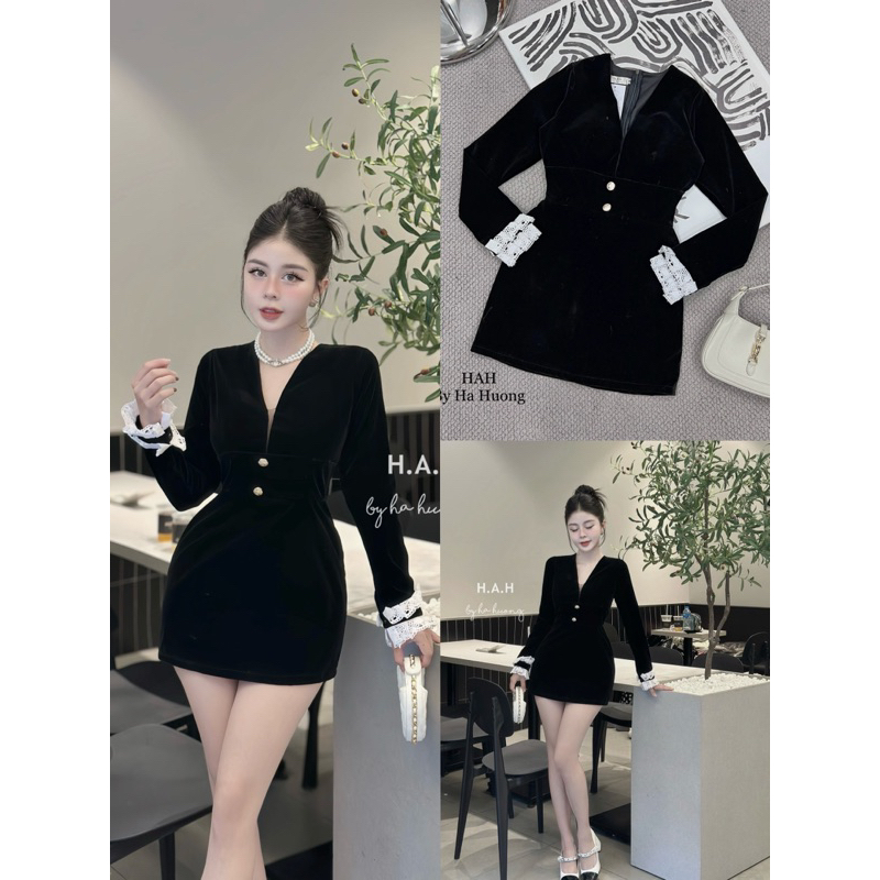 Váy nhung phối tay ren tiểu thư