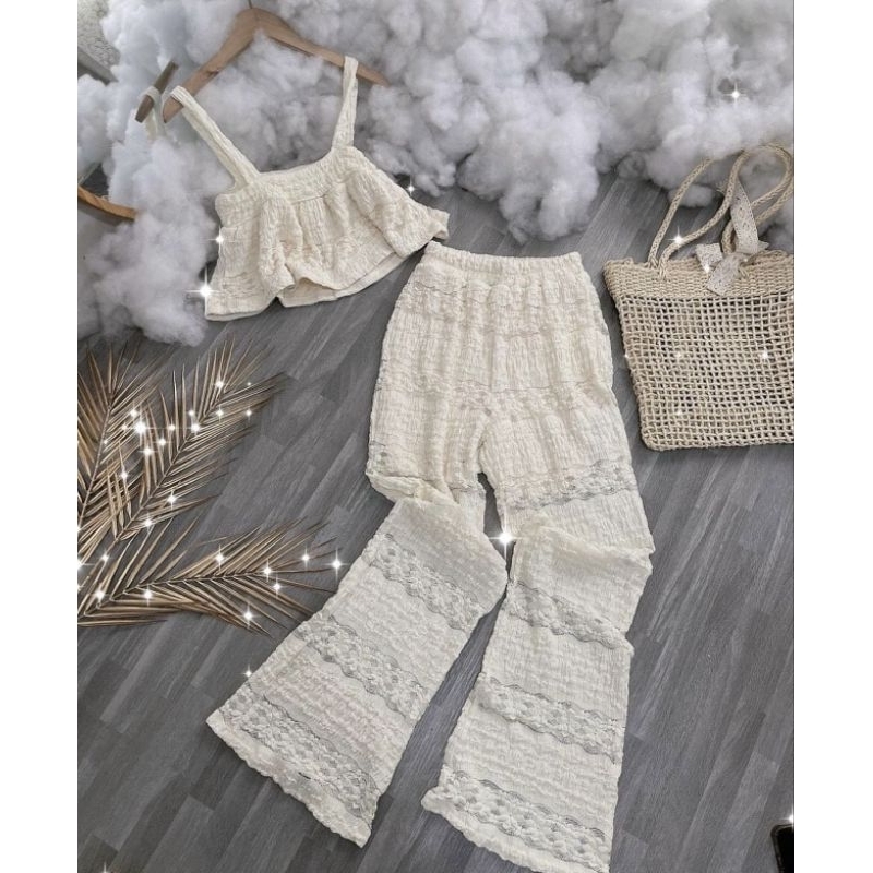 Set ren áo croptop + quần dài ống loe