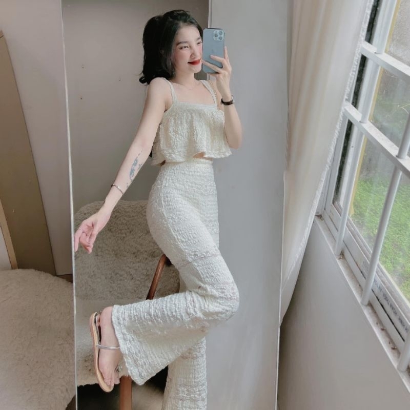 Set ren áo croptop + quần dài ống loe