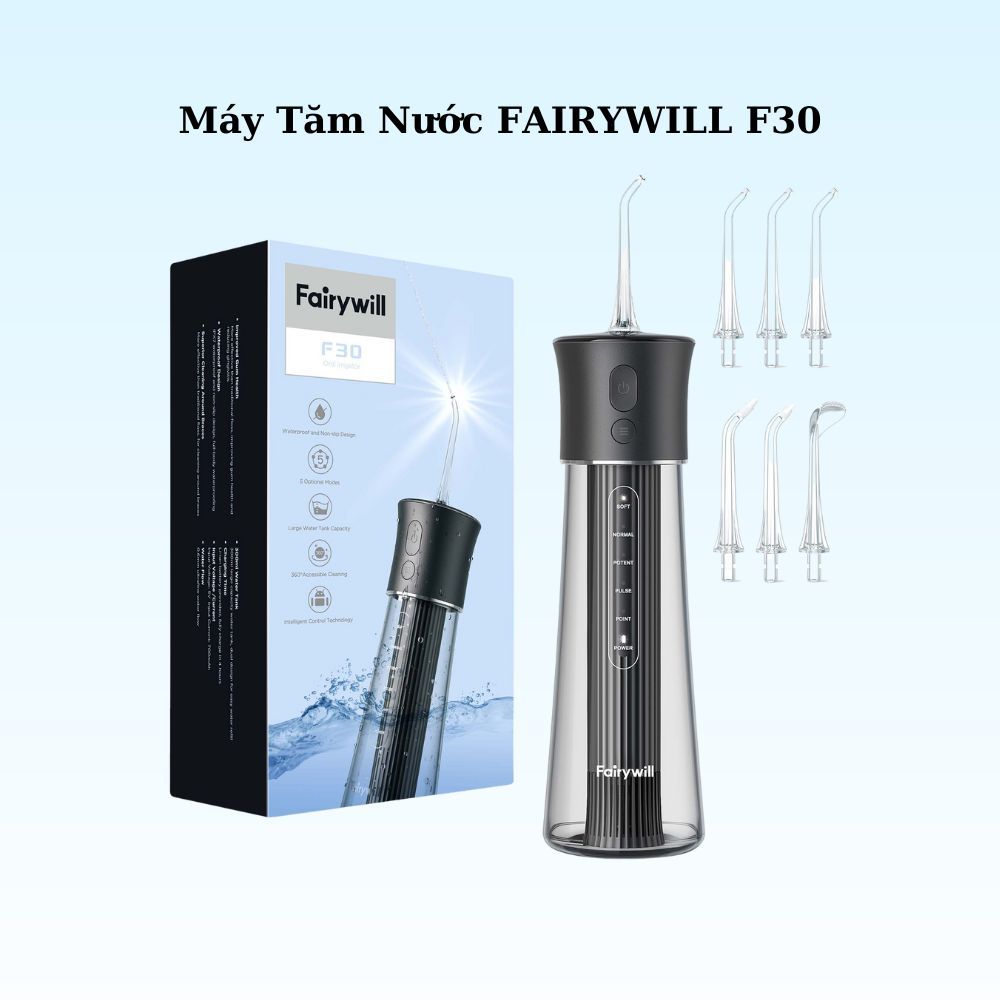 Máy tăm nước FAIRYWILL F30 chính hãng, 5 chế độ làm sạch tặng kèm 6 đầu tăm thay thế, Hàng chính hãng, Bảo hành 2 năm
