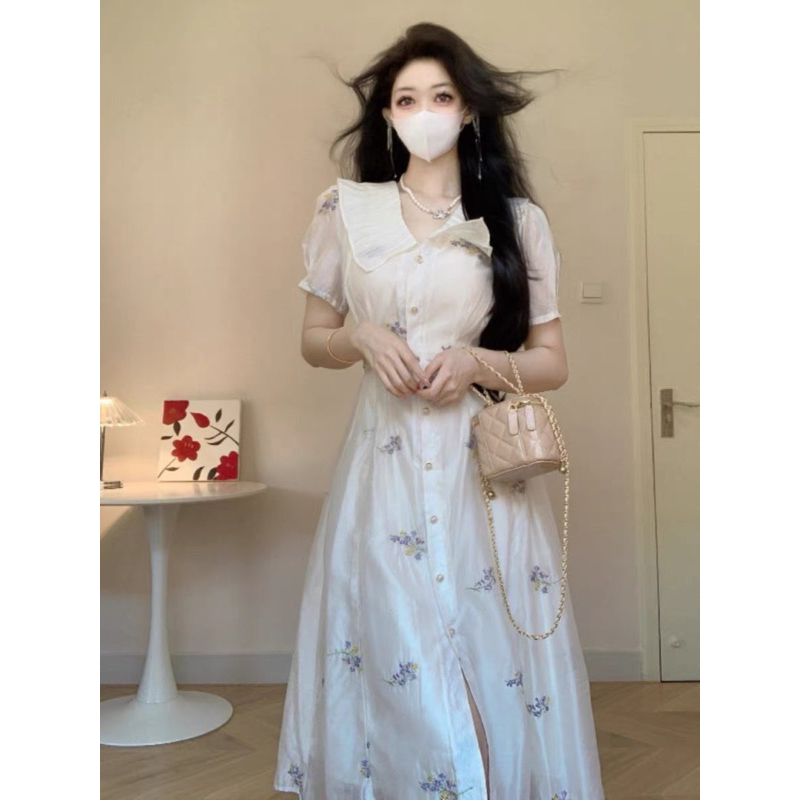 Váy Đầm Thêu Hoa Nhí Dáng Dài Thắt Eo Cổ Lá Đính Khuy Kiểu Pháp Phong Cách Tiểu Thư Nhẹ Nhàng, Đầm Hoa Nhí Dáng Dài