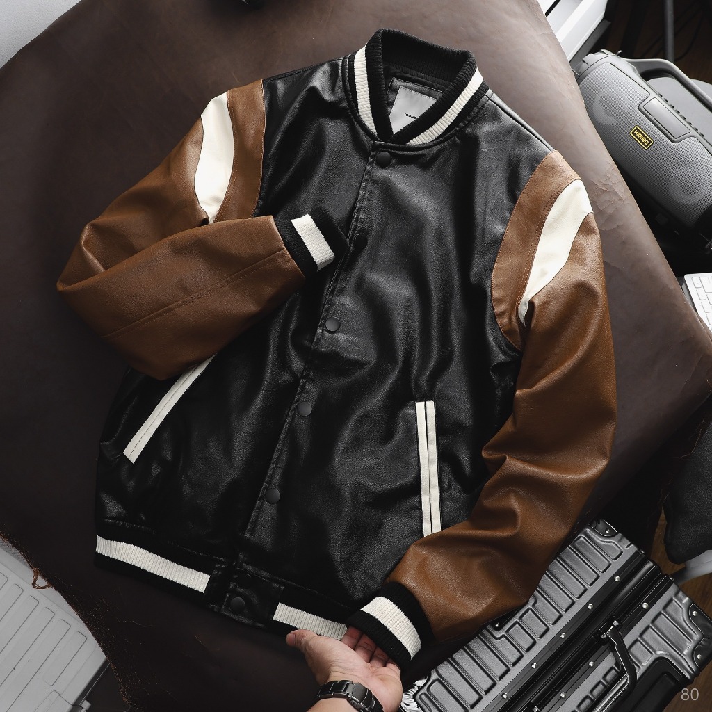 Áo Khoác Da Bomber ICONDENIM Contrast Sleeves Đứng Form - AKID0080