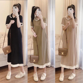 Đầm suông dáng dài cổ bèo chất tổ ong tay ngắn form rộng thời trang ba màu