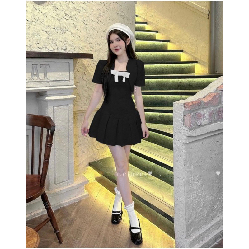 SET ĐẦM ĐÍNH NƠ XẾP KÈM KHOÁC CROP 2 MÀU