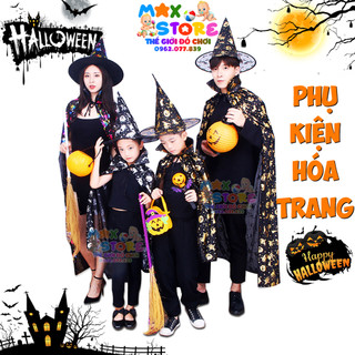 Đồ Chơi Phụ kiện hoá trang cosplay Halloween, Mũ Phù Thuỷ, Áo Choàng Phù Thuỷ, Giỏ Bí Ngô