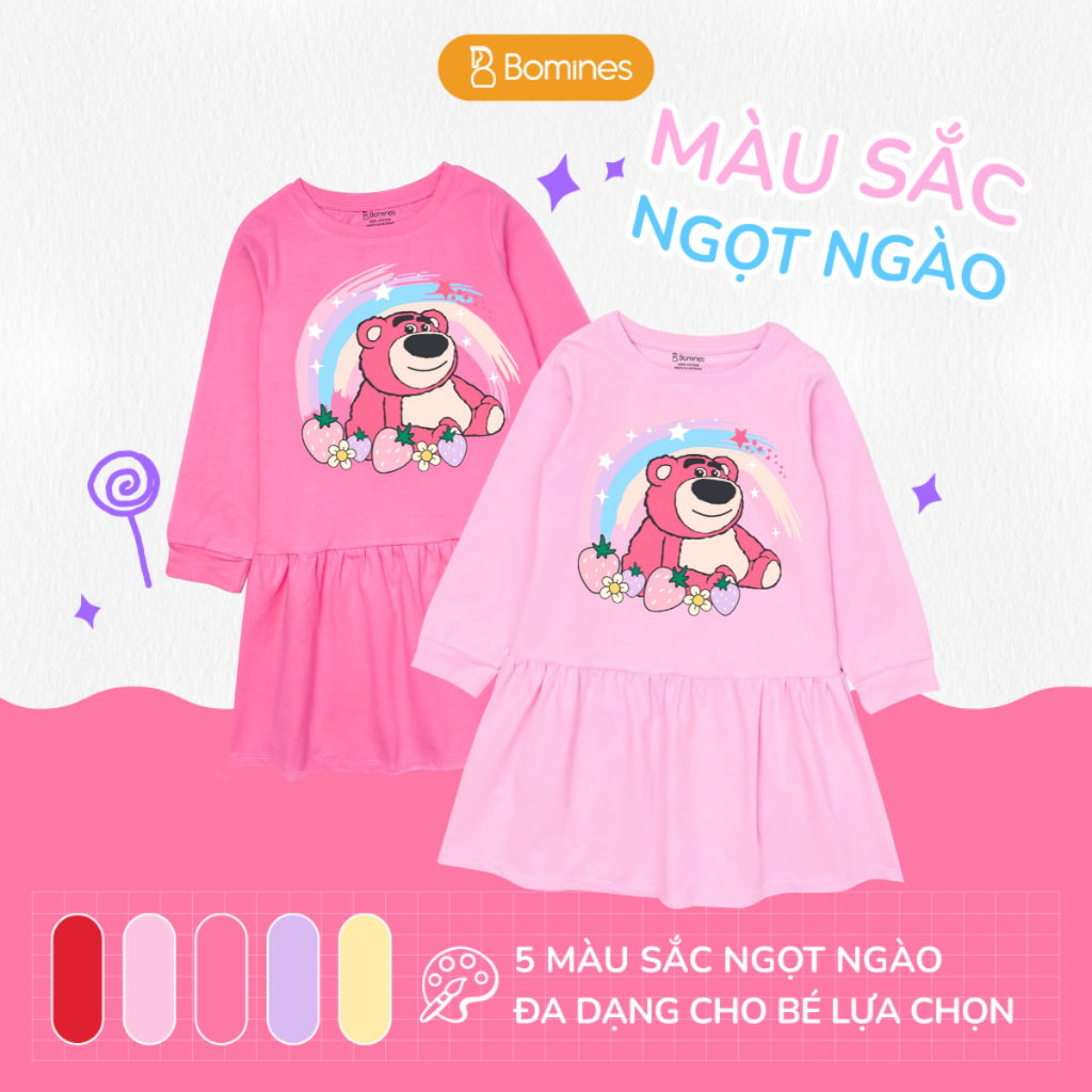 Váy bé gái mùa thu tay dài Gấu dâu Lotso BOMINES dễ thương, thun cotton cho bé gái 3- 12 tuổi, 12- 36k DTDLOTSO