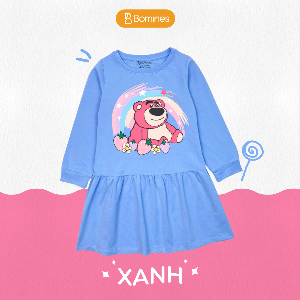 Váy bé gái mùa thu tay dài Gấu dâu Lotso BOMINES dễ thương, thun cotton cho bé gái 3- 12 tuổi, 12- 36k DTDLOTSO