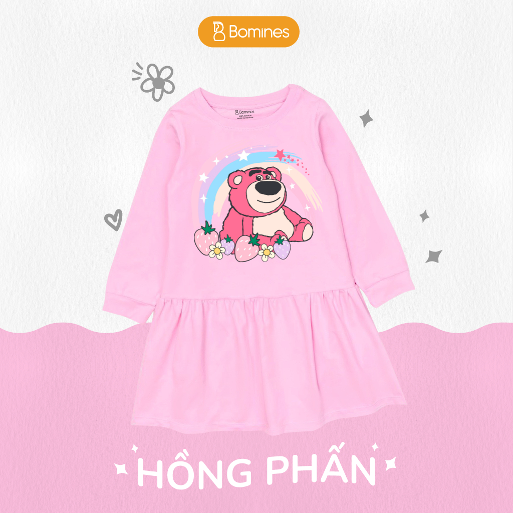 Váy bé gái mùa thu tay dài Gấu dâu Lotso BOMINES dễ thương, thun cotton cho bé gái 3- 12 tuổi, 12- 36k DTDLOTSO