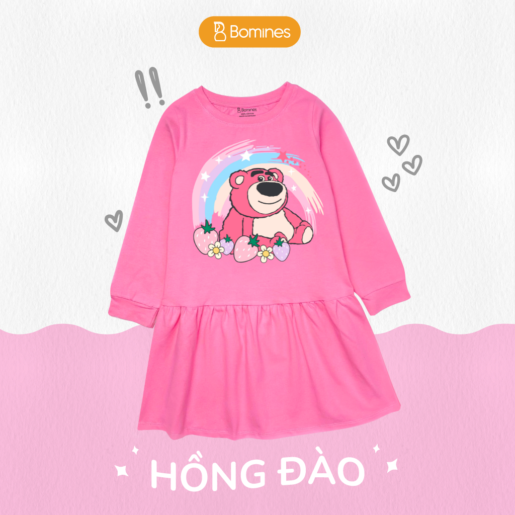 Váy bé gái mùa thu tay dài Gấu dâu Lotso BOMINES dễ thương, thun cotton cho bé gái 3- 12 tuổi, 12- 36k DTDLOTSO