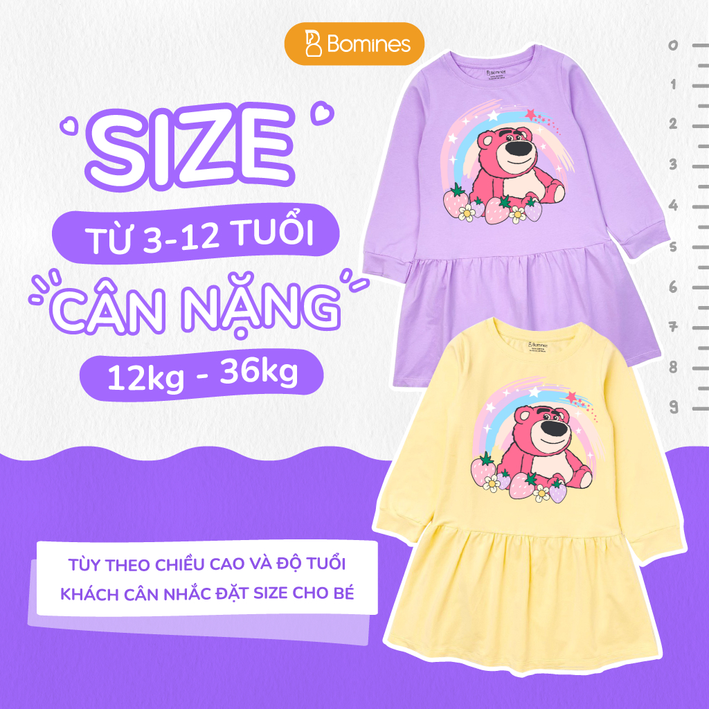 Váy bé gái mùa thu tay dài Gấu dâu Lotso BOMINES dễ thương, thun cotton cho bé gái 3- 12 tuổi, 12- 36k DTDLOTSO
