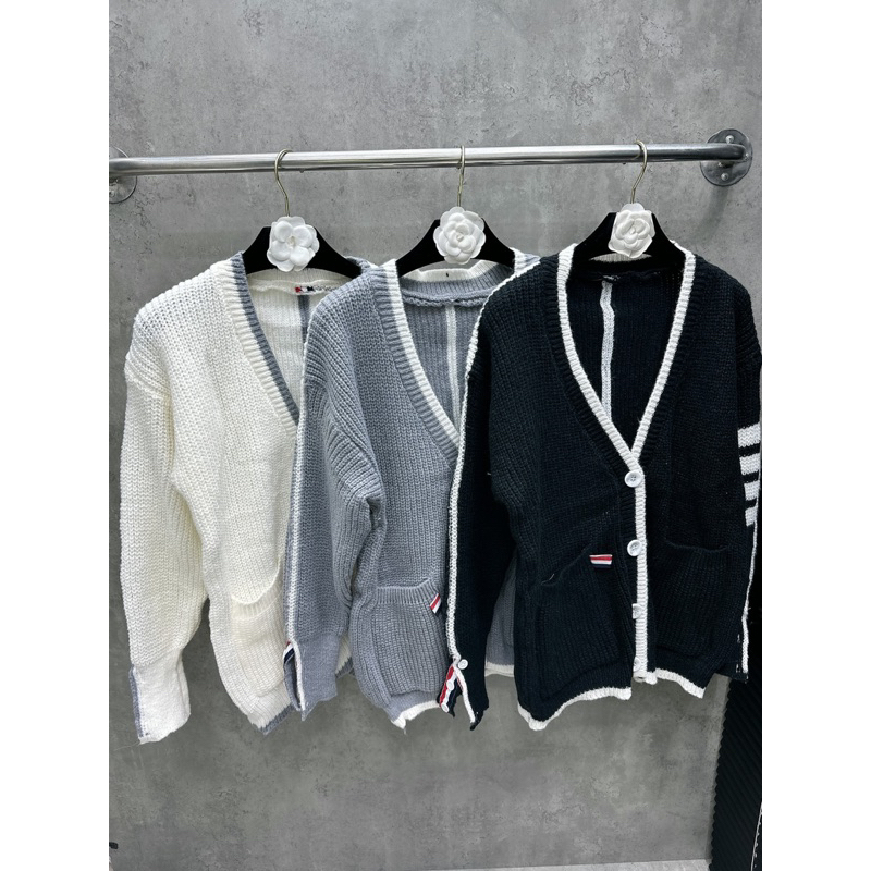 Áo khoác len Canigan Kẻ ngang phối viền cúc hàng QC Phong các Ulzzang Hàn Quốc Siêu xinh mẫu mới thu đông