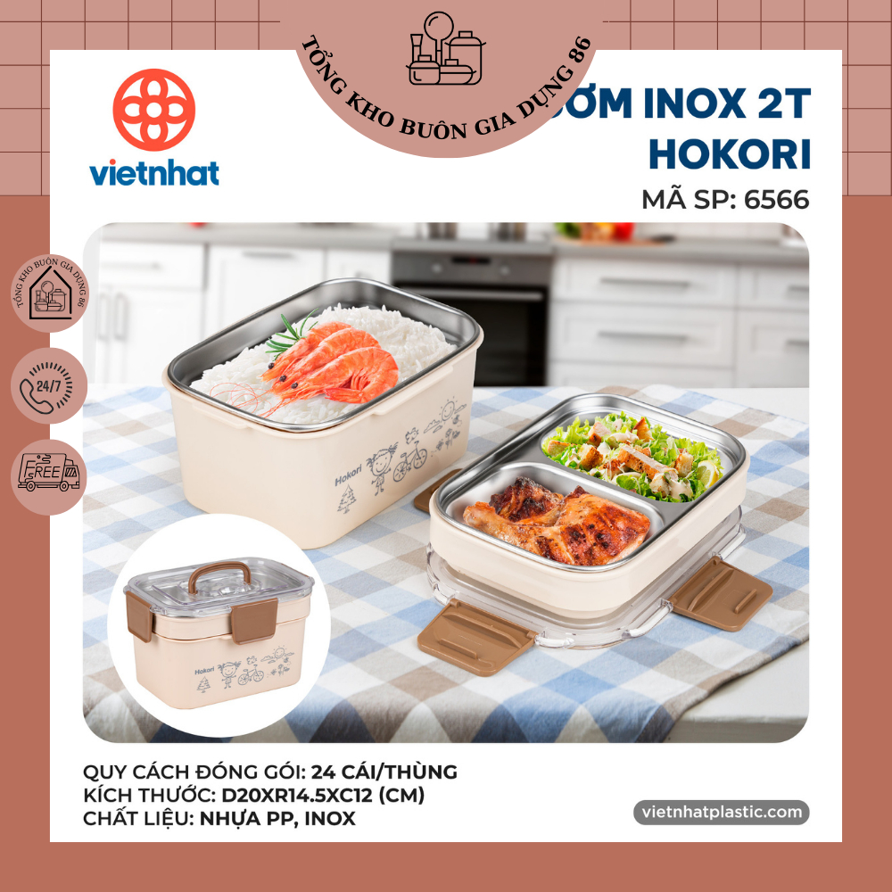 Hộp cơm inox 2T Hokori 6566, Hộp đựng cơm văn phòng giữ nhiệt xinh xắn, Hộp cơm giữ nhiệt cao cấp