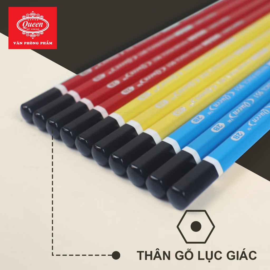 Bút chì 2B Queen  - CHÍNH HÃNG - Thân Màu Đỏ/Vàng/Xanh - 2B Design Partner  PC-951 - 1 Hộp