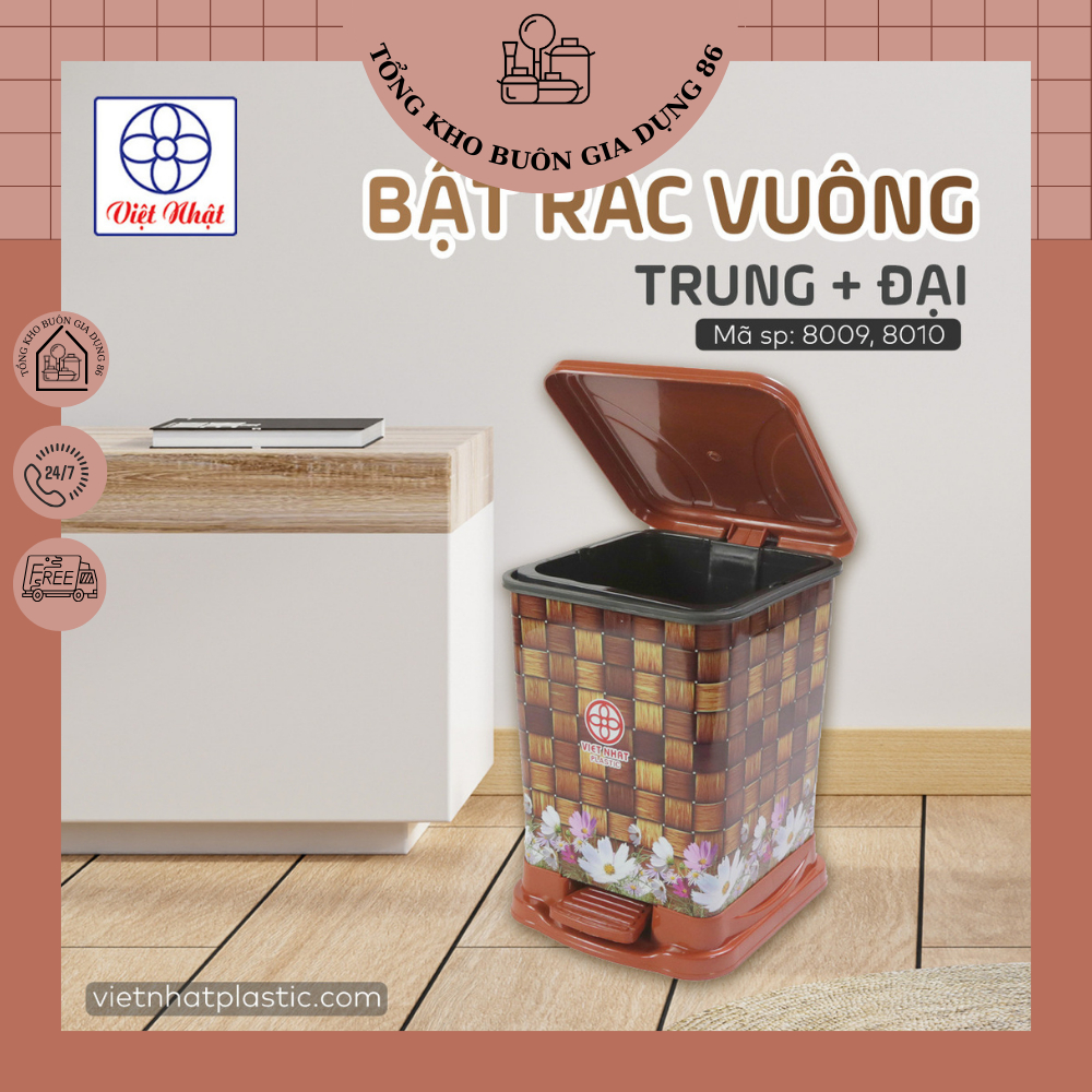Bật rác vuông trung 8009, Thùng Rác Việt Nhật Cao Cấp, Thùng Rác Phòng Tắm, Nhà Bếp