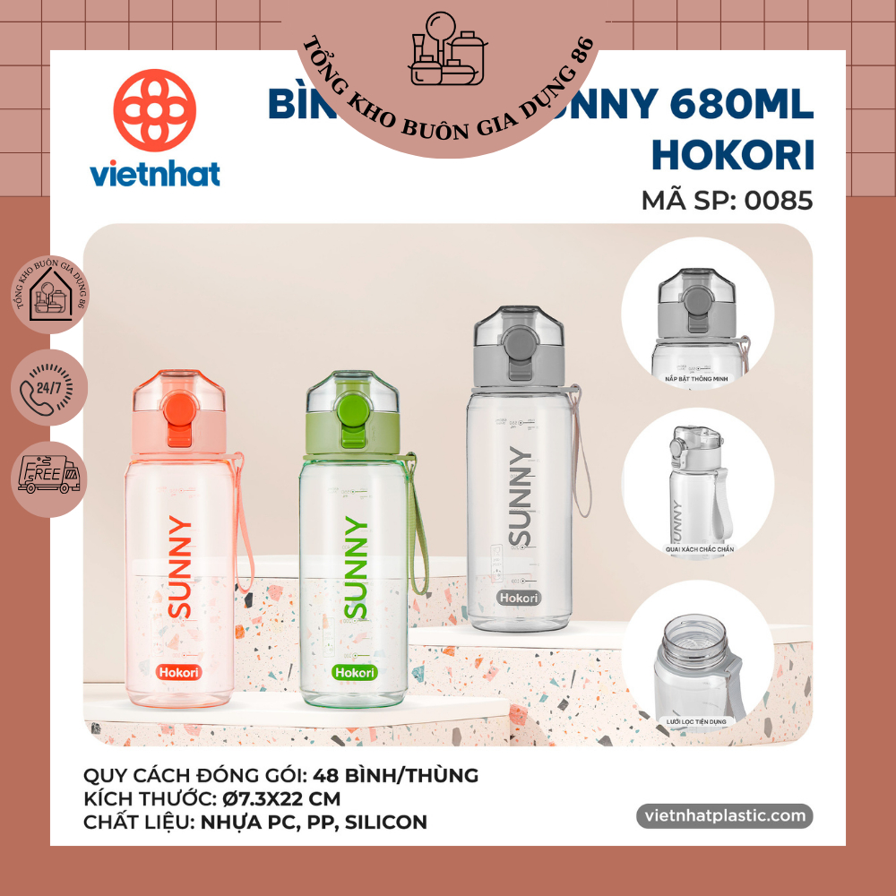 Bình nước Sunny 680ml Hokori 0085, Bình nước thể thao có lõi lọc trà cao cấp