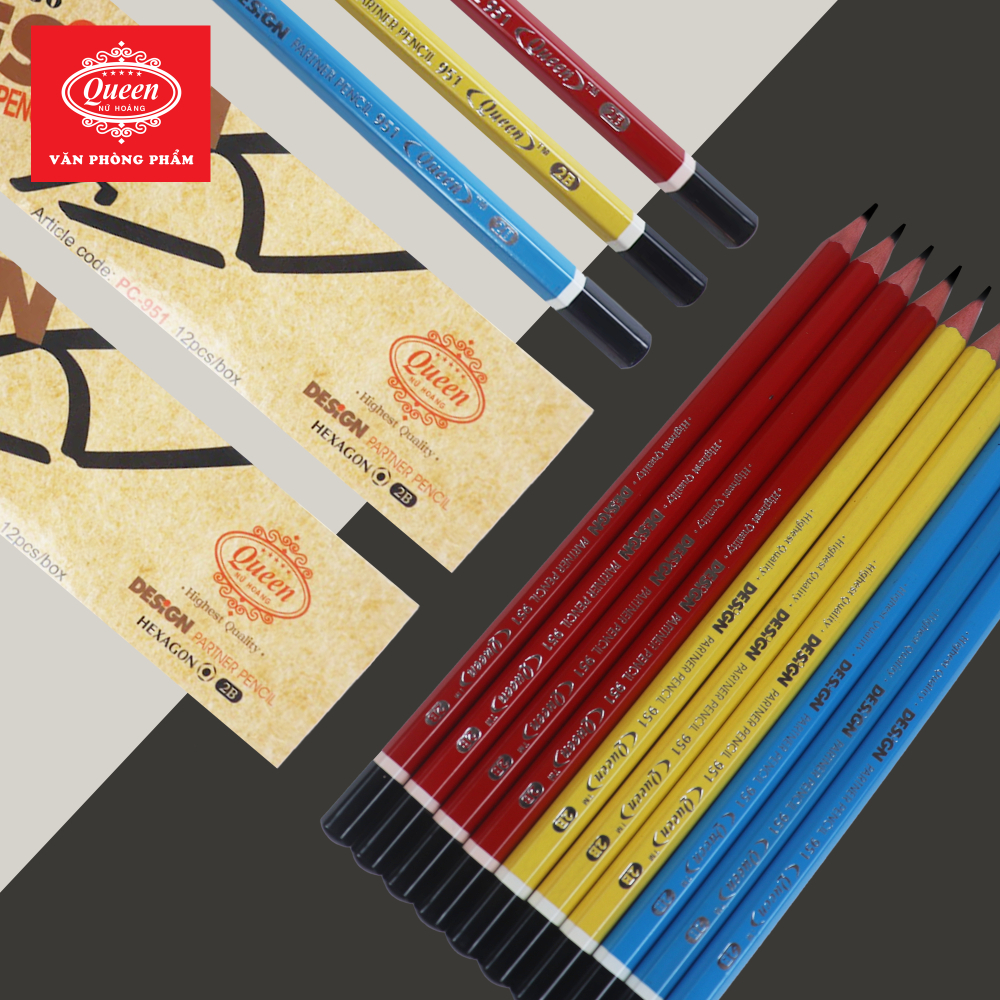 Bút chì 2B Queen  - CHÍNH HÃNG - Thân Màu Đỏ/Vàng/Xanh - 2B Design Partner  PC-951 - 1 Hộp