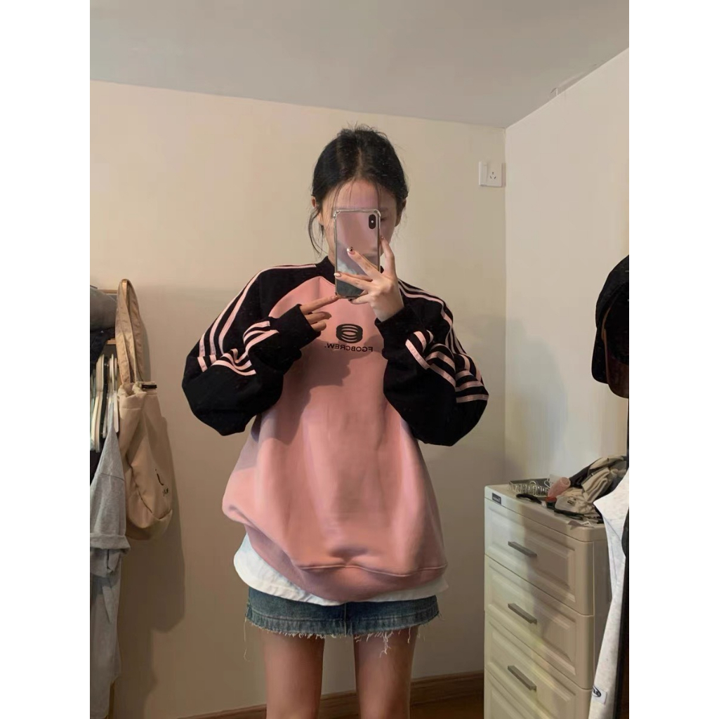 Áo Sweater hồng tay sọc , Áo nỉ Fom rộng dáng Unisex chất liệu nỉ bông tay áo 3 sọc cao cấp M56